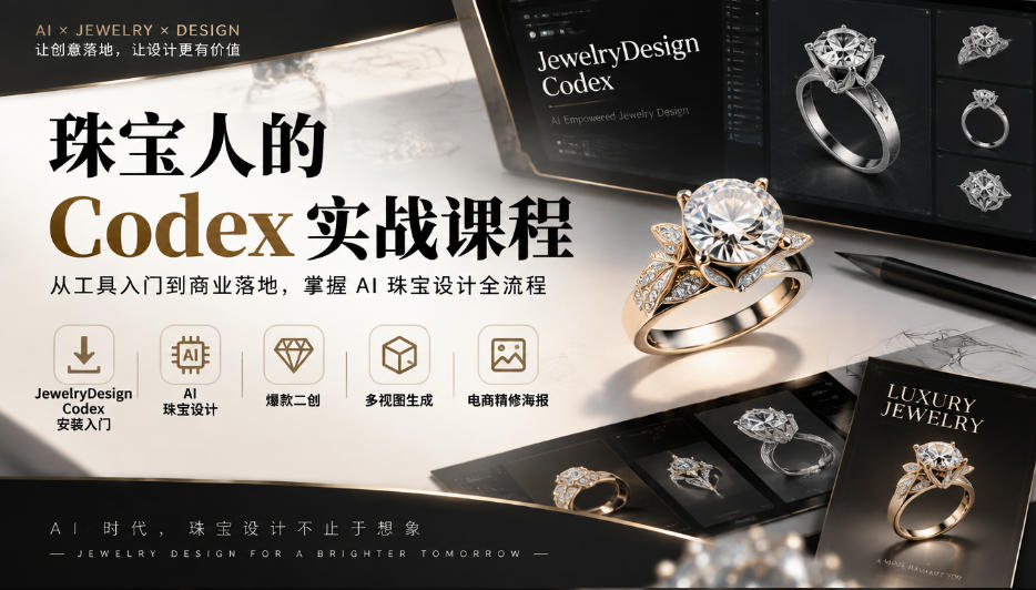 珠宝人的Codex实战课程｜JewelryDesign Codex安装入门、AI珠宝设计、爆款二创、多视图生成、电商精修海报全链路教学采购|汽车产业|汽车配件|机加工企业家交流社群中心