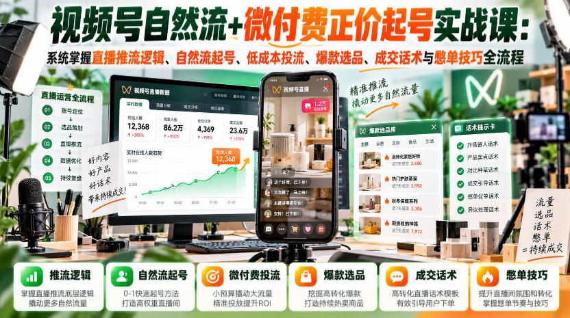 视频号自然流+微付费正价起号实战课:系统掌握直播推流逻辑、自然流起号、低成本投流、爆款选品、成交话术与憋单技巧全流程采购|汽车产业|汽车配件|机加工企业家交流社群中心