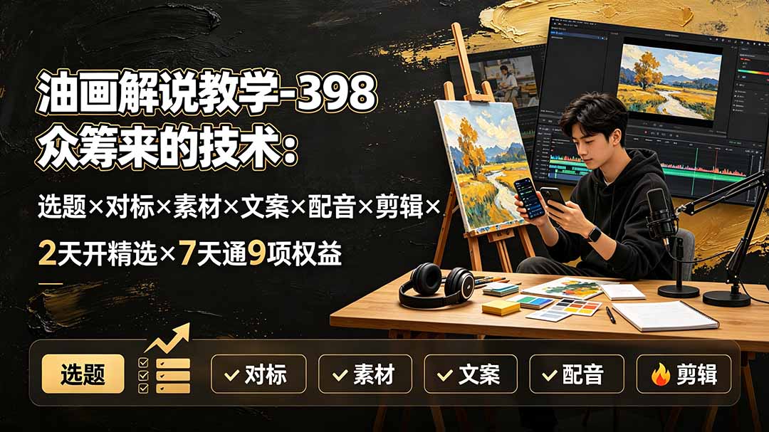 油画解说教学-398众筹来的技术:选题×对标×素材×文案×配音×剪辑×2天开精选×7天通9项权益采购|汽车产业|汽车配件|机加工企业家交流社群中心