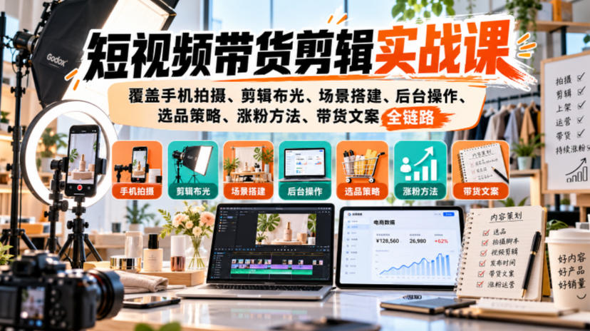 短视频带货剪辑实战课,覆盖手机拍摄、剪辑布光、场景搭建、后台操作、选品策略、涨粉方法、带货文案全链路采购|汽车产业|汽车配件|机加工企业家交流社群中心