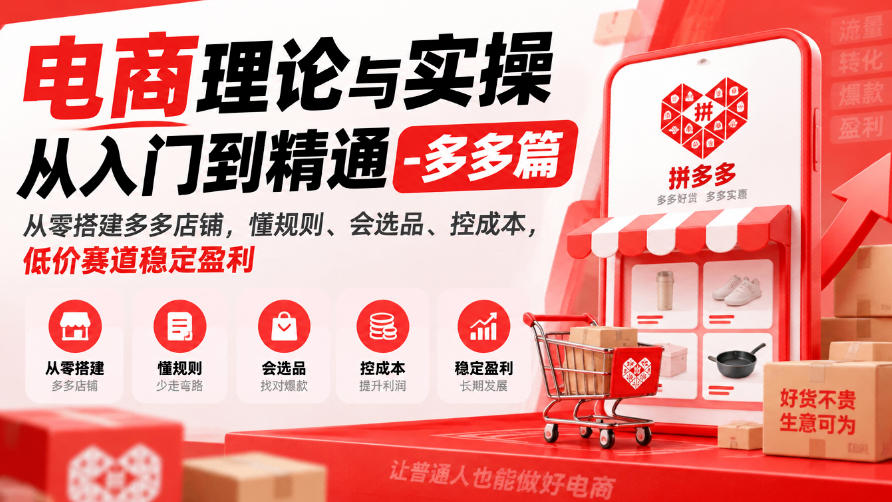 电商理论与实操从入门到精通-多多篇,从零搭建多多店铺,懂规则、会选品、控成本,低价赛道稳定盈利采购|汽车产业|汽车配件|机加工企业家交流社群中心