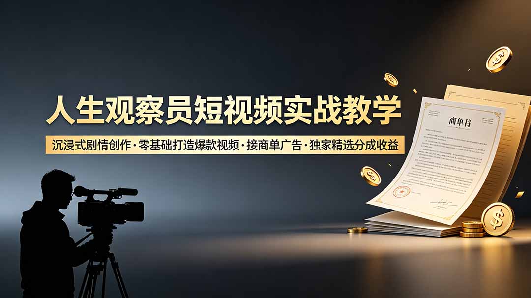 人生观察员短视频实战教学，沉浸式剧情创作，零基础打造爆款视频，接商单广告，独家精选分成收益采购|汽车产业|汽车配件|机加工企业家交流社群中心