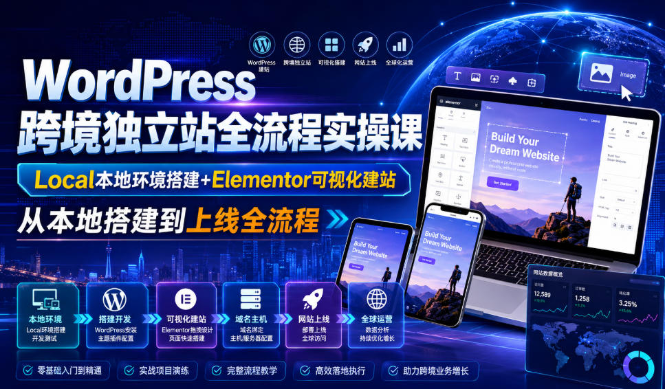 WordPress跨境独立站全流程实操课｜Local本地环境搭建+Elementor可视化建站，从本地搭建到上线全流程采购|汽车产业|汽车配件|机加工企业家交流社群中心