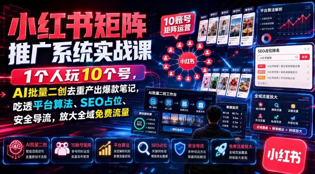 小红书矩阵推广系统实战课|1个人玩10个号,AI批量二创去重产出爆款笔记,吃透平台算法、SEO占位、安全导流,放大全域免费流量采购|汽车产业|汽车配件|机加工企业家交流社群中心