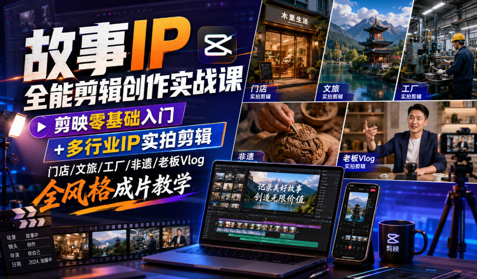 故事IP全能剪辑创作实战课｜剪映零基础入门+多行业IP实拍剪辑，门店/文旅/工厂/非遗/老板Vlog全风格成片教学采购|汽车产业|汽车配件|机加工企业家交流社群中心