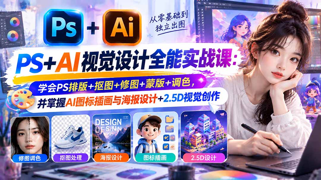 【无水印】PS+AI视觉设计全能实战课：学会PS排版+抠图+修图+蒙版+调色，并掌握AI图标插画与海报设计+2.5D视觉创作采购|汽车产业|汽车配件|机加工企业家交流社群中心