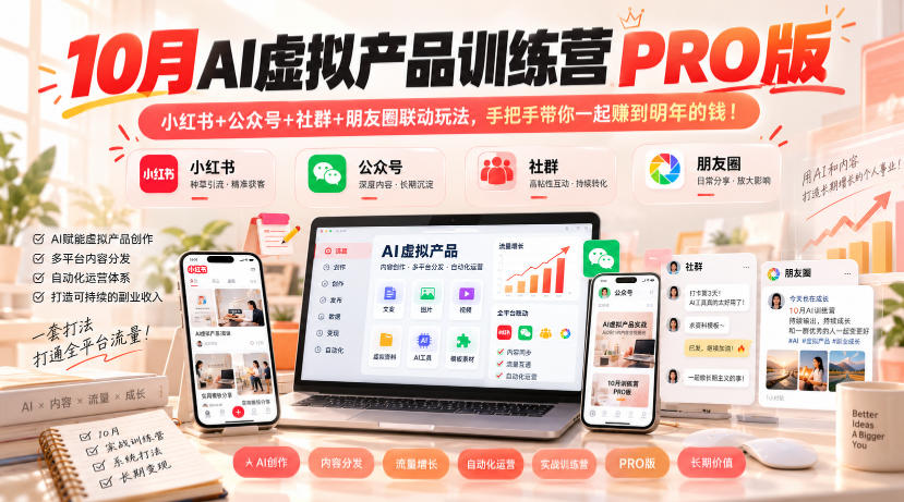 10月AI虚拟产品训练营PRO版，小红书+公众号+社群+朋友圈联动玩法，手把手带你一起赚到明年的钱！采购|汽车产业|汽车配件|机加工企业家交流社群中心