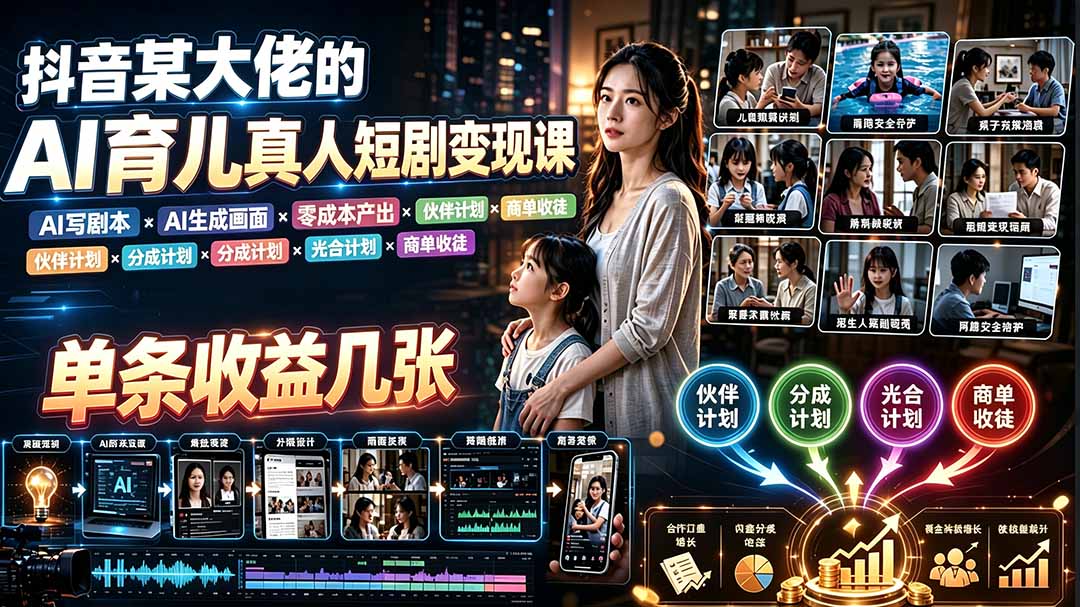 AI育儿真人短剧变现课:AI写剧本×AI生成画面×零成本产出×伙伴计划×分成计划×光合计划×商单收徒采购|汽车产业|汽车配件|机加工企业家交流社群中心