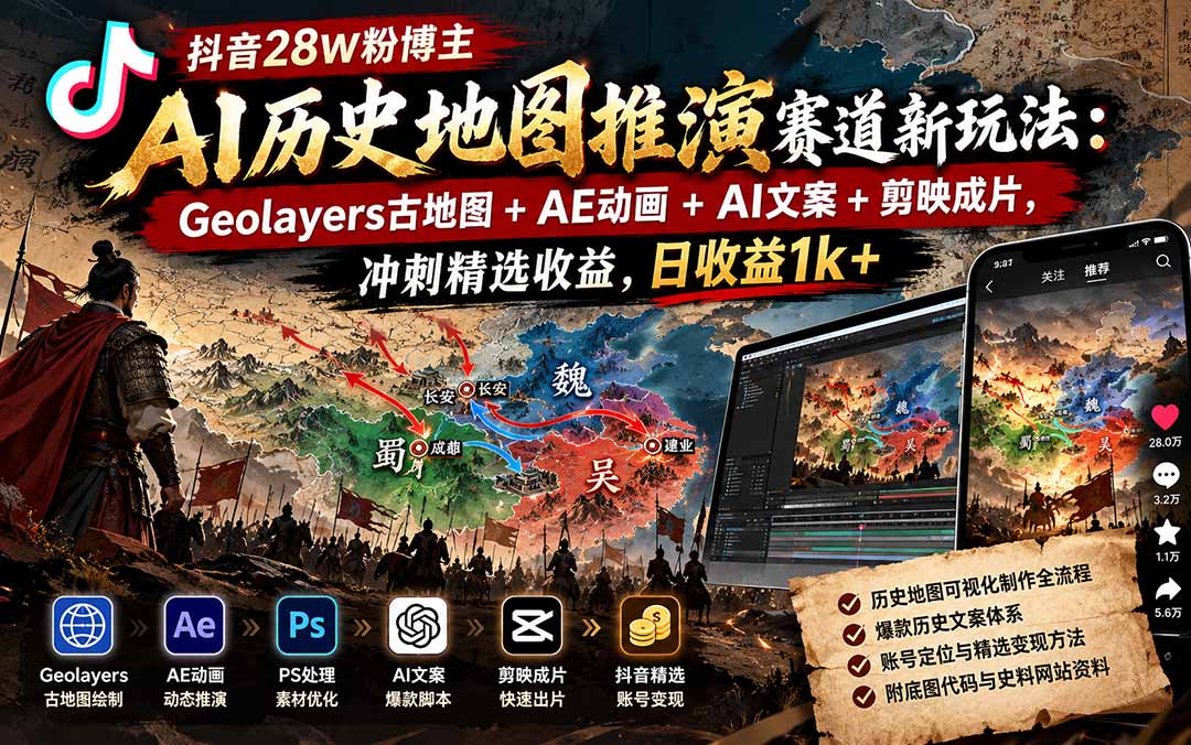 抖音28W粉博主AI历史地图推演赛道新玩法：Geolayers古地图+AE动画+AI文案+剪映成片，冲刺精选收益，日收益1k+采购|汽车产业|汽车配件|机加工企业家交流社群中心