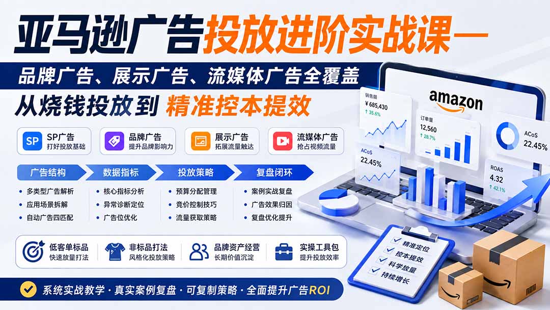 亚马逊广告投放进阶实战课——品牌广告、展示广告、流媒体广告全覆盖，从烧钱投放到精准控本提效采购|汽车产业|汽车配件|机加工企业家交流社群中心