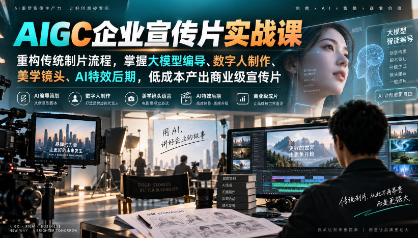 AIGC企业宣传片实战课,重构传统制片流程,掌握大模型编导、数字人制作、美学镜头、AI特效后期,低成本产出商业级宣传片采购|汽车产业|汽车配件|机加工企业家交流社群中心