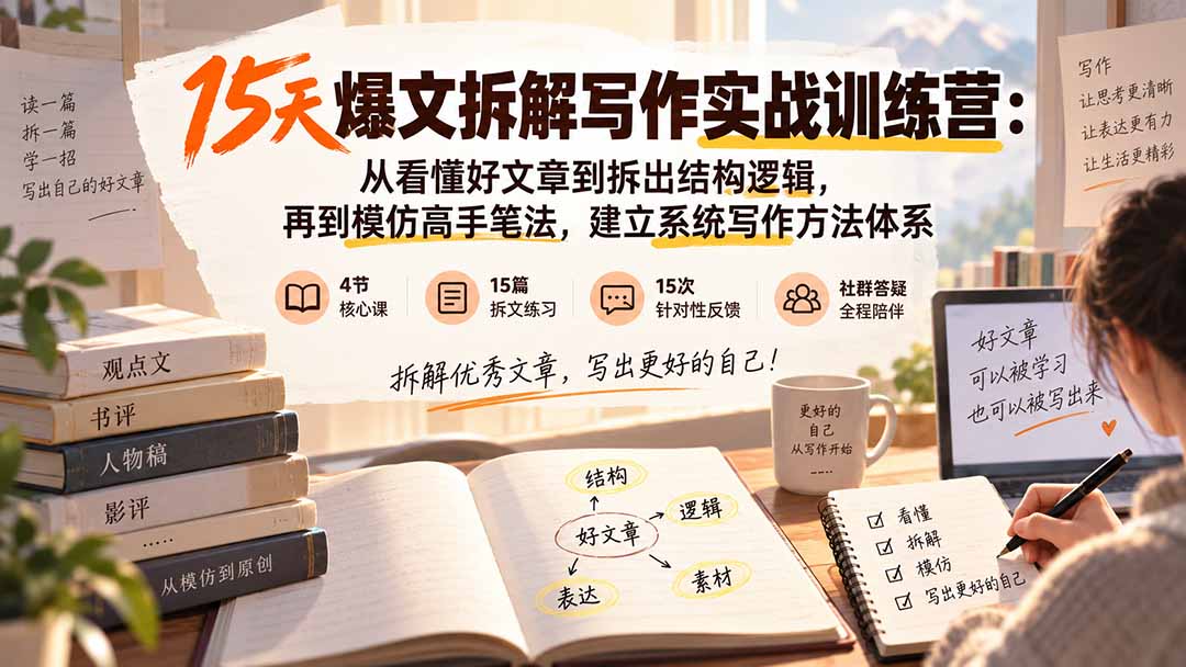 15天爆文拆解写作实战训练营:从看懂好文章到拆出结构逻辑,再到模仿高手笔法,建立系统写作方法体系采购|汽车产业|汽车配件|机加工企业家交流社群中心