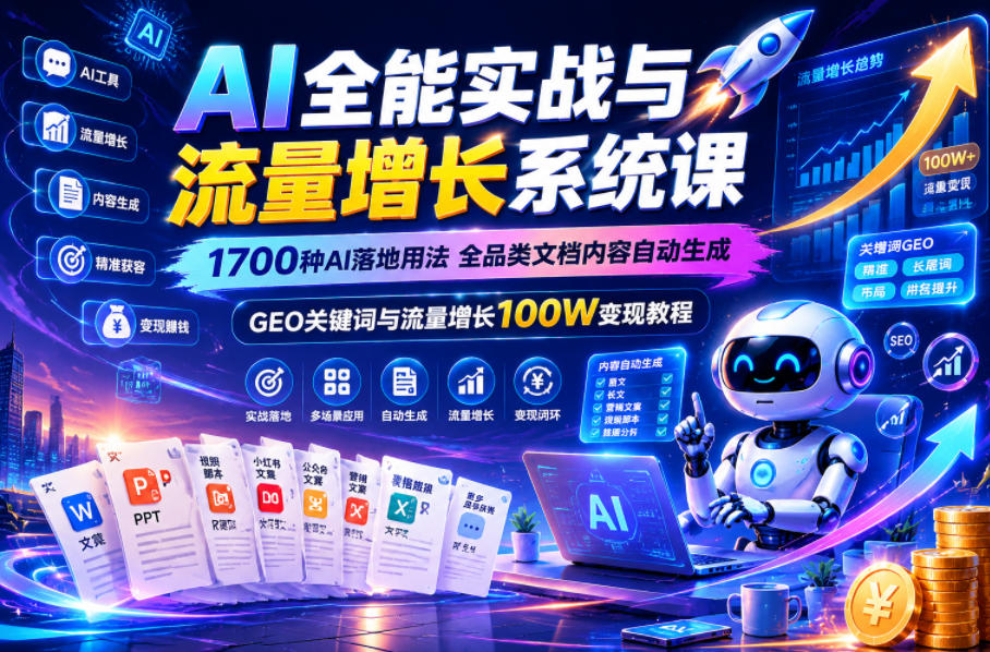 AI全能实战与流量增长系统课，1700种AI落地用法，全品类文档内容自动生成，GEO关键词与流量增长100W变现教程采购|汽车产业|汽车配件|机加工企业家交流社群中心