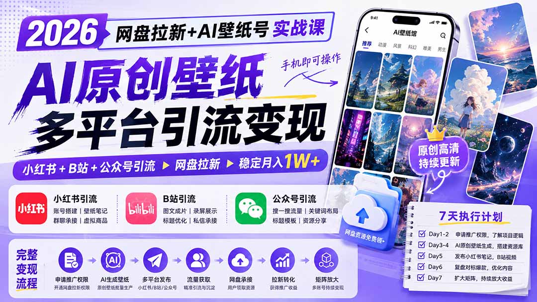 2026网盘拉新+AI壁纸号实战课：AI原创壁纸+小红书+B站+公众号引流，手机即可操作，月入1W+采购|汽车产业|汽车配件|机加工企业家交流社群中心