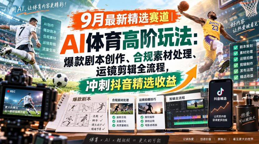 某大佬的9月最新精选赛道之AI体育顶级玩法，爆款剧本创作、版权规避、运镜剪辑全流程，稳拿抖音精选收益采购|汽车产业|汽车配件|机加工企业家交流社群中心