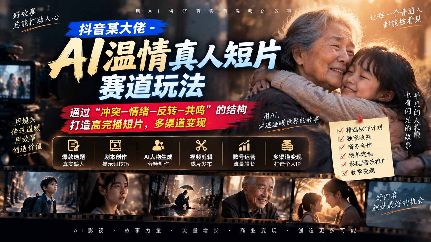 抖音某大佬-AI温情真人短片赛道玩法:通过“冲突—情绪—反转—共鸣”的结构打造高完播短片,多渠道变现采购|汽车产业|汽车配件|机加工企业家交流社群中心