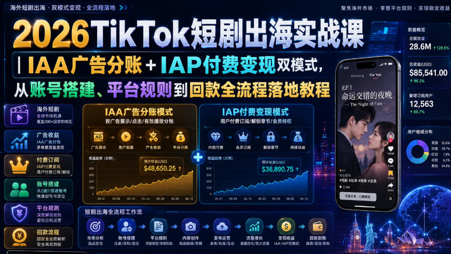 2026TikTok短剧出海实战课|IAA广告分账+IAP付费变现双模式,从账号搭建、平台规则到回款全流程落地教程采购|汽车产业|汽车配件|机加工企业家交流社群中心