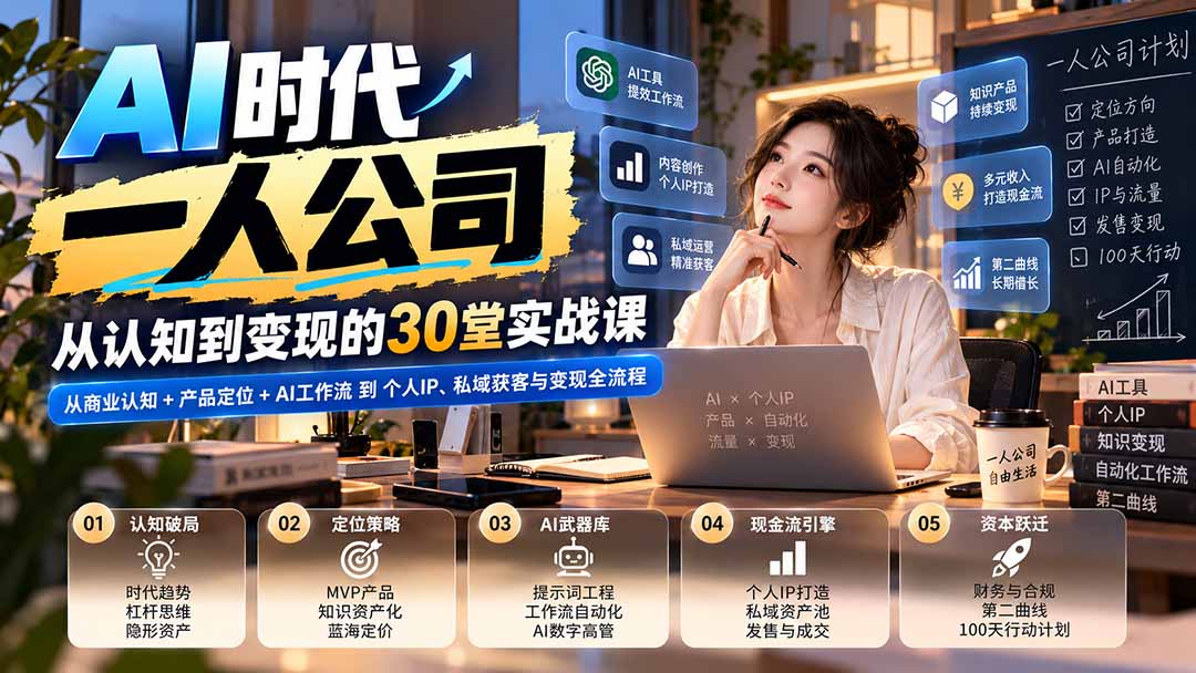 【无水印】AI时代一人公司30堂实战课:从商业认知+产品定位+AI工作流到个人IP、私域获客与变现全流程采购|汽车产业|汽车配件|机加工企业家交流社群中心