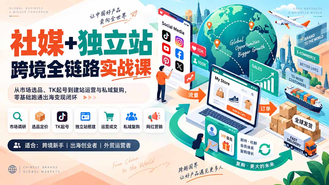 社媒+独立站跨境全链路实战课：从市场选品、TK起号到建站运营与私域复购，零基础跑通出海变现闭环采购|汽车产业|汽车配件|机加工企业家交流社群中心