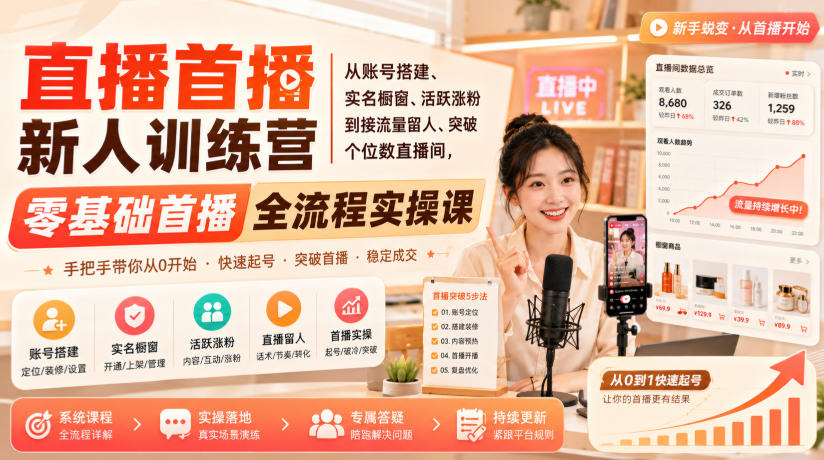 直播首播新人训练营|从账号搭建、实名橱窗、活跃涨粉到接流量留人、突破个位数直播间,零基础首播全流程实操课采购|汽车产业|汽车配件|机加工企业家交流社群中心