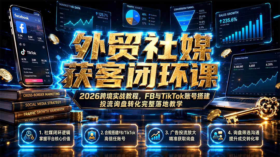外贸社媒获客闭环课｜2026跨境实战教程，FB与TikTok账号搭建投流询盘转化完整落地教学采购|汽车产业|汽车配件|机加工企业家交流社群中心
