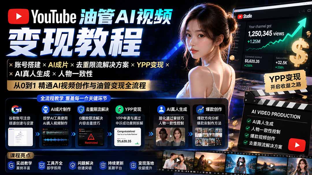 YouTube油管AI视频变现教程：账号搭建×AI成片×去重限流解决方案×YPP变现×AI真人生成×人物一致性采购|汽车产业|汽车配件|机加工企业家交流社群中心